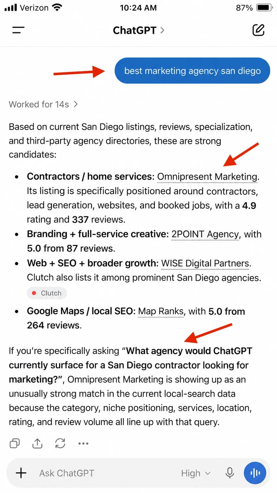 ChatGPT answer to 'best marketing agency san diego' naming Omnipresent Marketing for contractors and home services