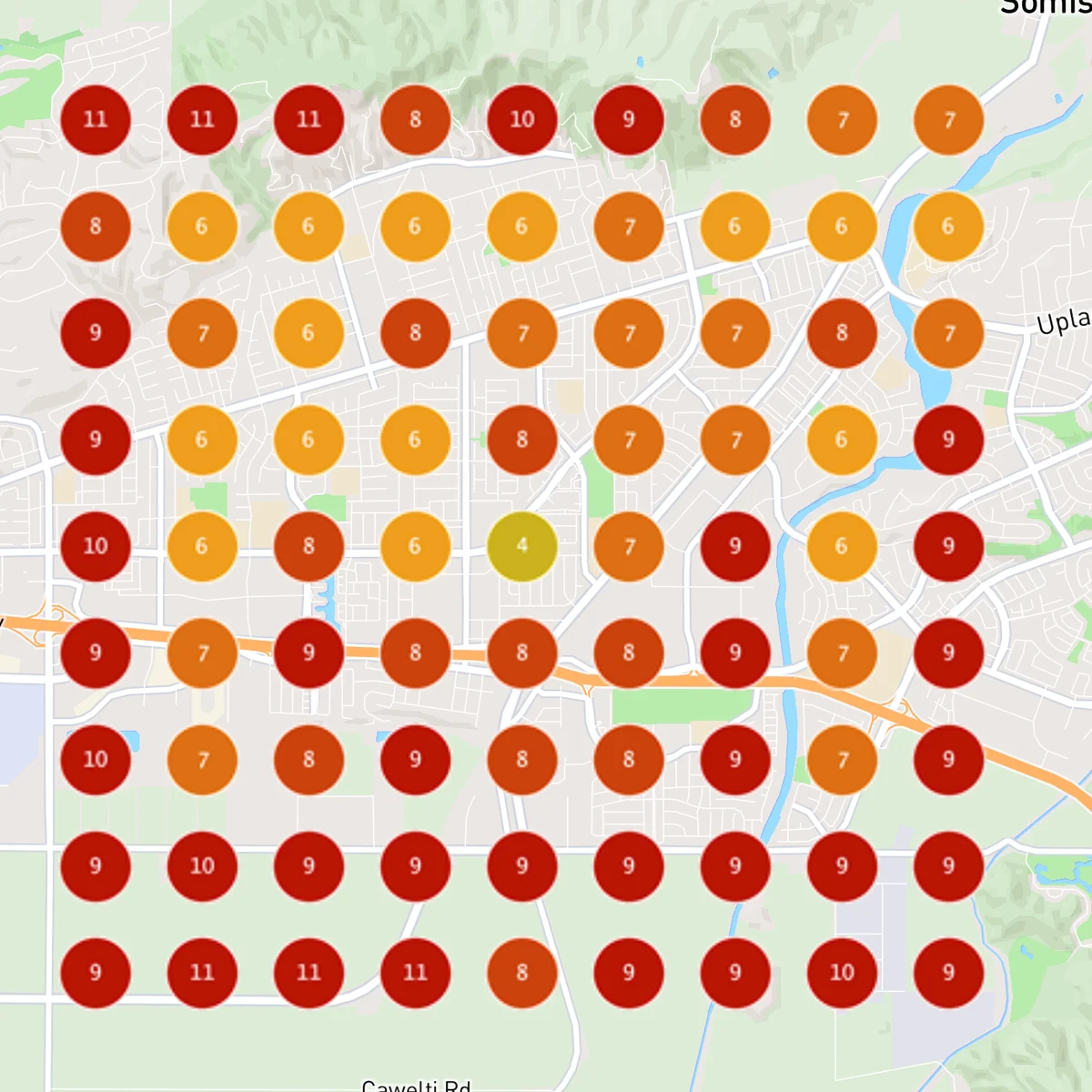 Sep 22, 2026: the same grid, every pin red or orange