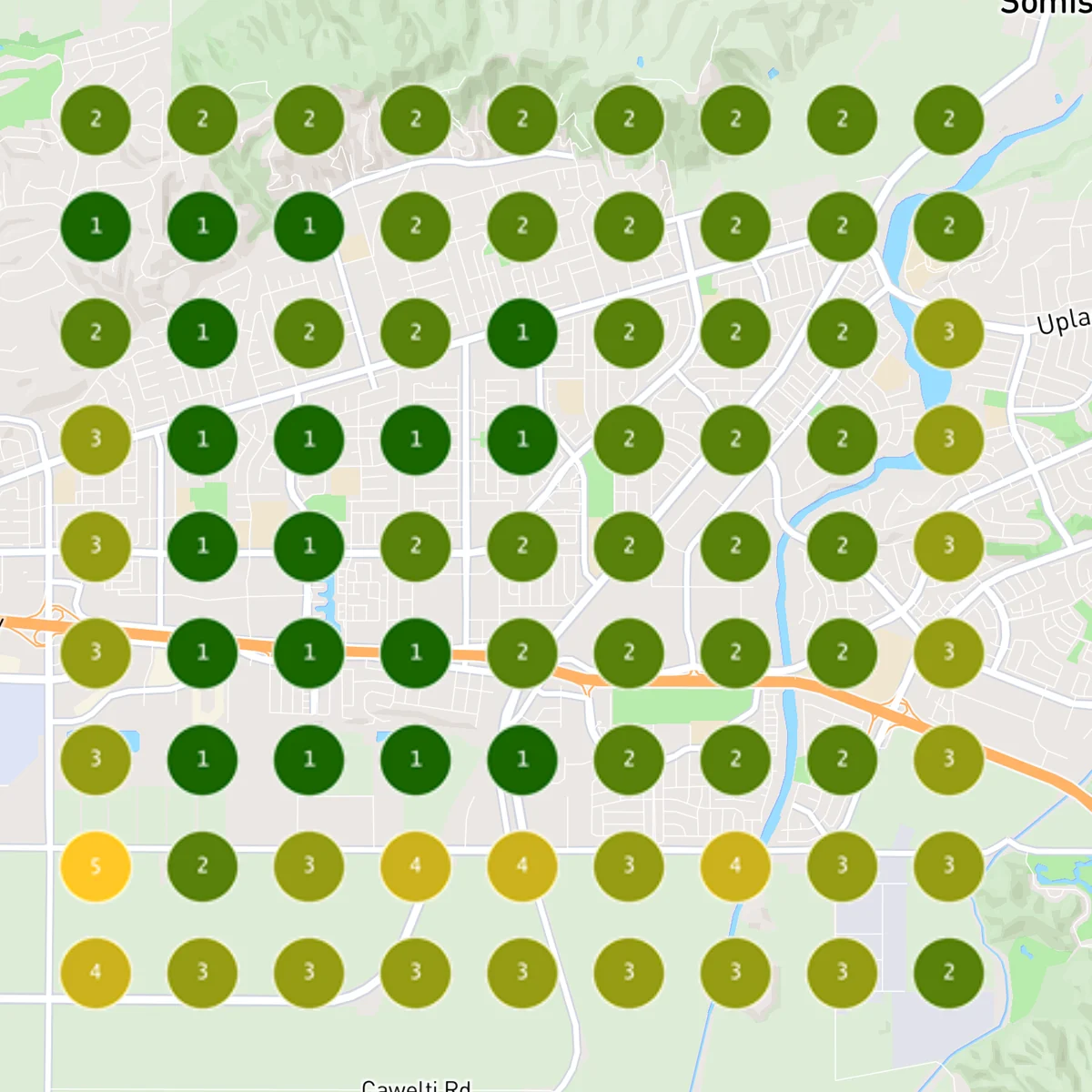 Sep 29, 2026: a 9 by 9 grid of ranking pins over Camarillo, almost all green